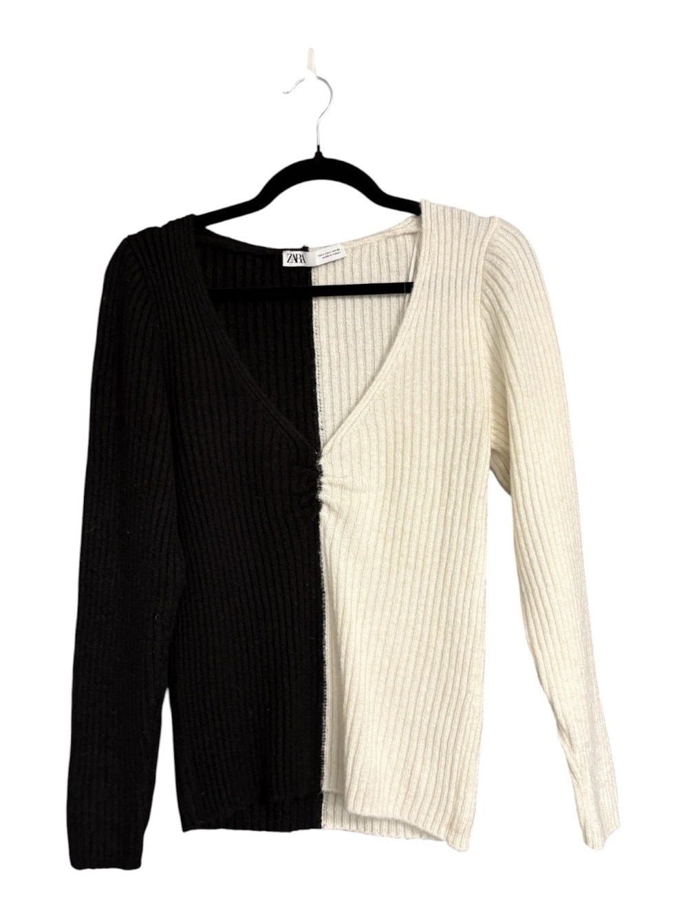 Zara Colorblock Rib Knit Sweater – Size Large - Black and Ivory